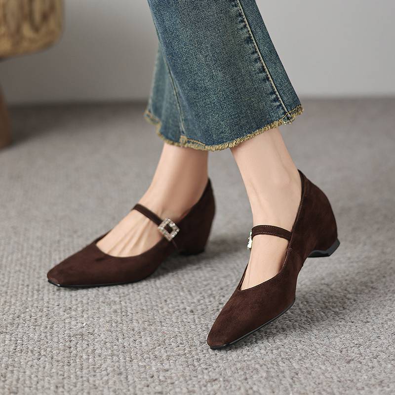 Krazing Pot Sheep Suede Square Toe Med Heels Summer Shoes Big Size 42 Crystal Buckle Women Shallow Pumps