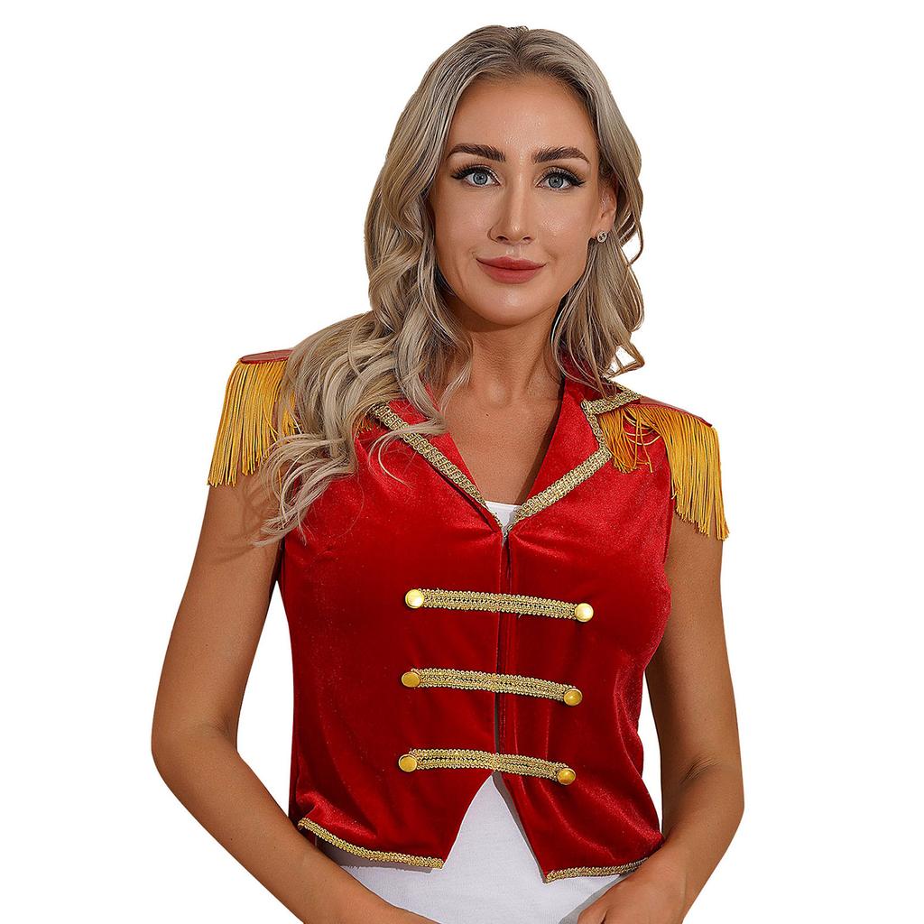 Womens Circus Ringmaster Vest Lapel Sleeveless Tassels Velvet Waistcoat Irregular Hem Button Design Cosplay Costume