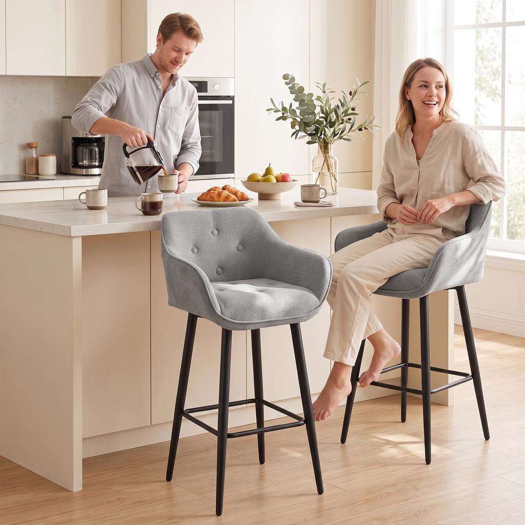 Bar Stools, Set of 2, Chenille Upholstered, 67 cm High, Backrest and Footrest, Grey