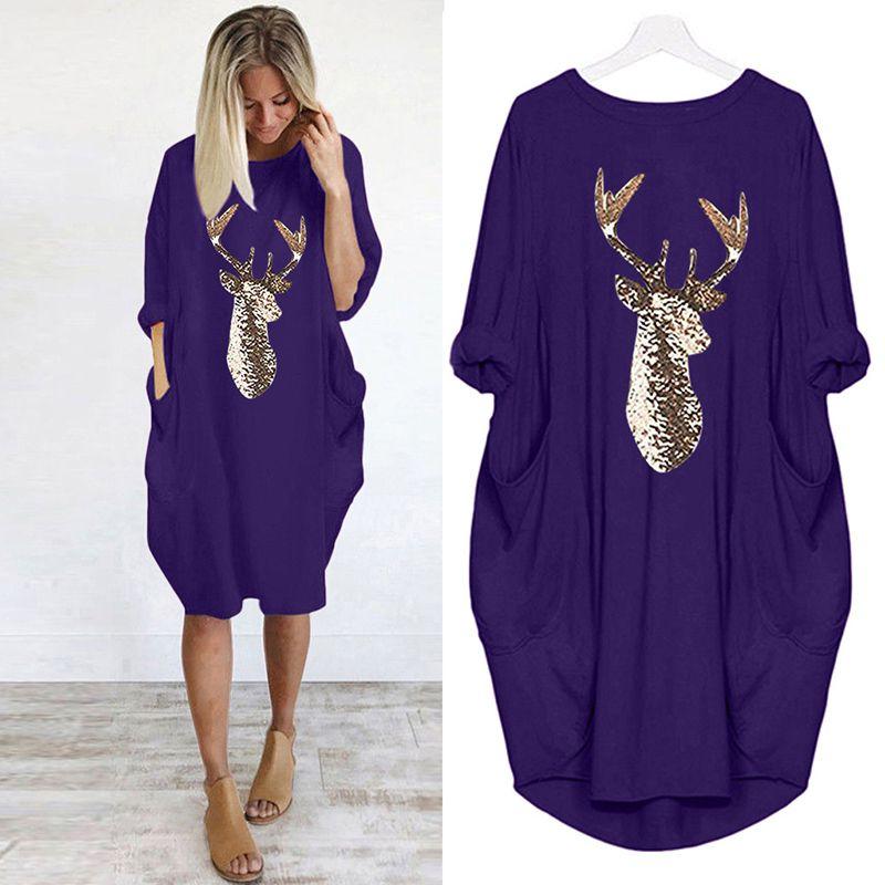 Women's Christmas Deer Pattern Printed Round Neck Dress With Full Sleeves And Stylish Design