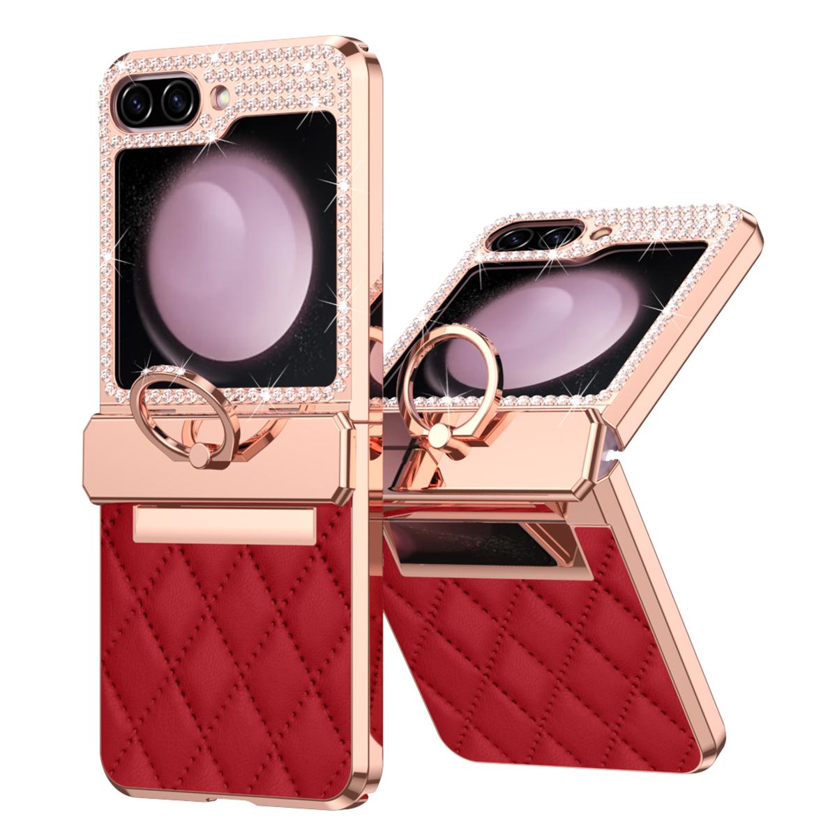 

For Samsung Galaxy Z Flip5 5G Imprinted PU+PC Phone Case Rhinestone Decorated Ring Kickstand Phone Cover Red