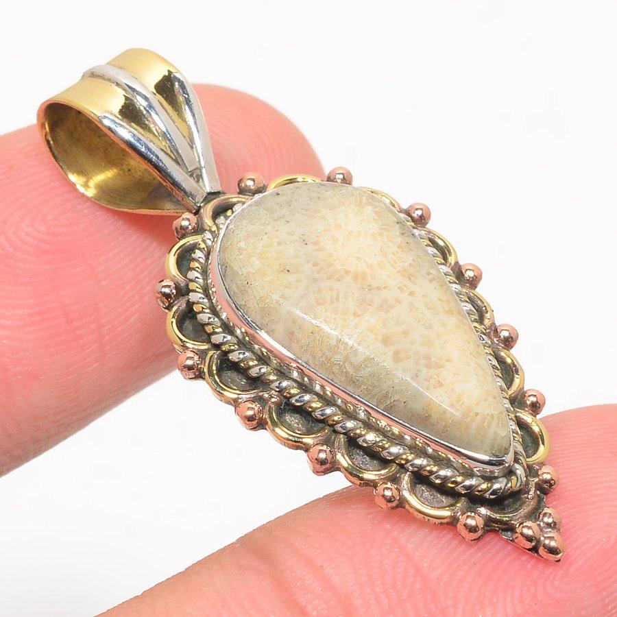 Natural Fossil Coral TwoTone 925 Solid Sterling Silver Gift Pendant 1.50" f5a22