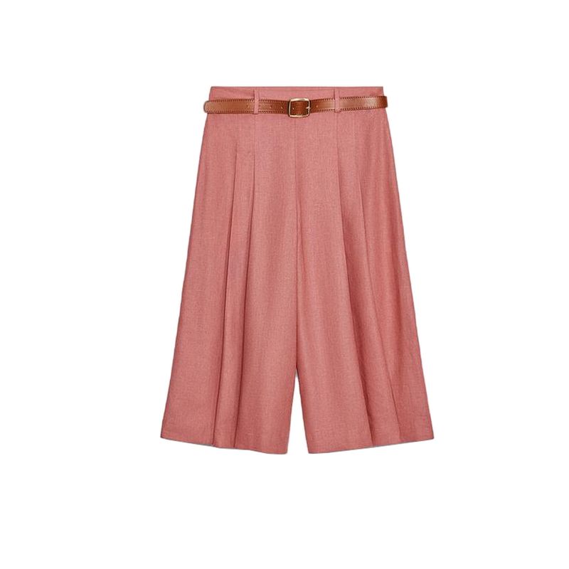 

Linen Blend Hidden Button Short Vest 7968333 with Belt Long Casual Shorts 8147333 Wine red pants L