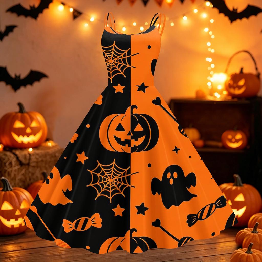 Women Halloween Print Off Shoulder Dress Punk Vintage Style Sleeveless Spaghetti Strap Midi Dress with Flared Skirt for Party