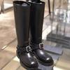 Fashion New Women Thick Heeled Black Boots Pointed Toe Leather Mid Calf Boots Autumn Winter Woman Motorcycle Shoes Buckle Long Boots