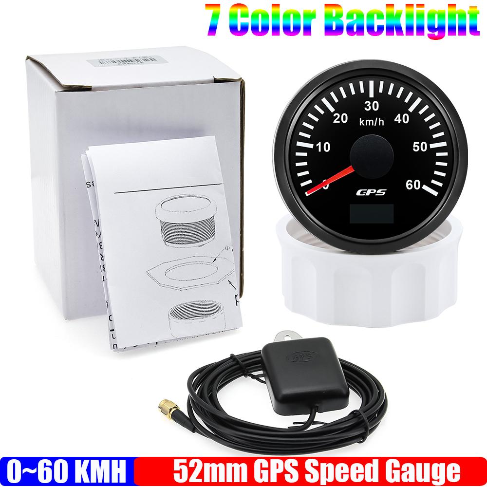 30KMH,60KMH,80KMH,120KMH,200KMH GPS Speedometer Gauge with Antenna 7Color LED 52mm Speed Meter for Marine Boat Car 12V24V
