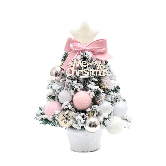 Mini Snow Flocked Christmas Tree Tabletop Artificial Christmas Tree with LED Lights Small Pine Tree with Balls And Bow for Desk Windowsill Decor