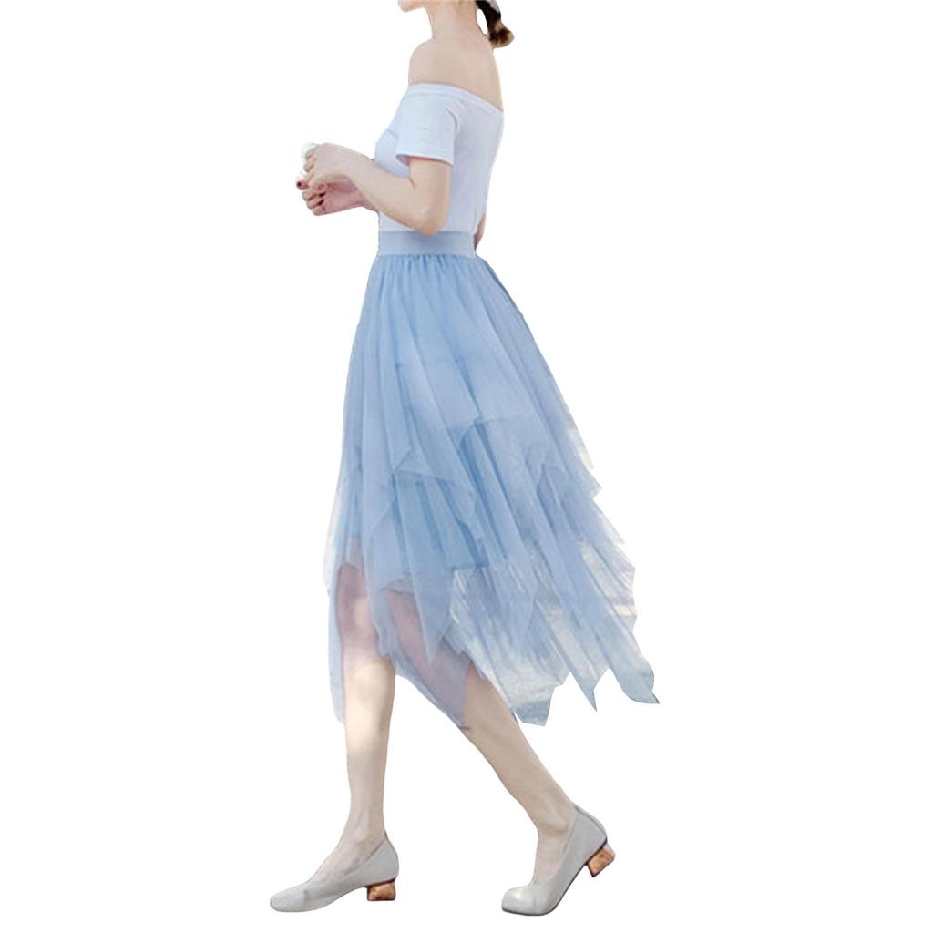 Gonna alla moda sexy da donna in rete a tinta unita, gonna a bolle irregolare in tulle elastico, vita quotidiana e vacanza