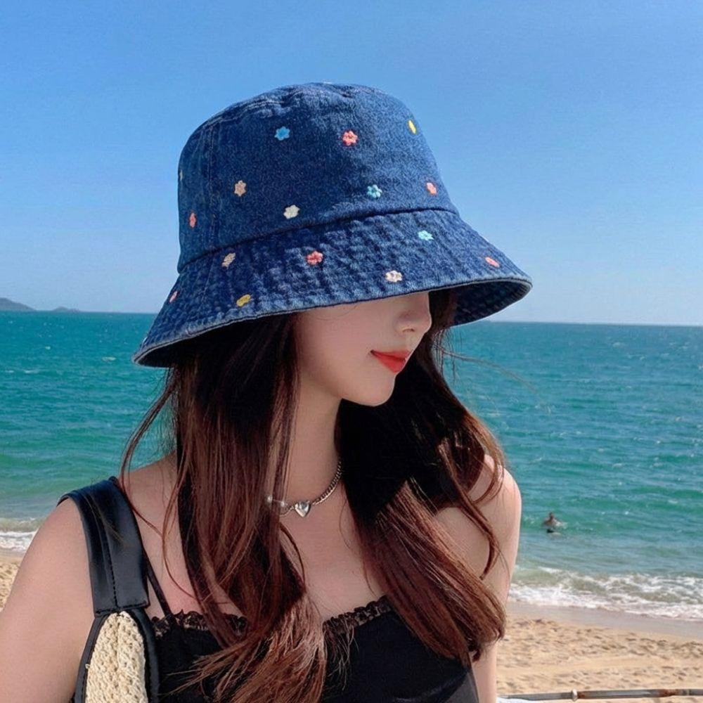 Retro Flower Embroidery Cowboy Hat Sun Protection Sun Cap Korean Fashion Fisherman's Hat  Summer
