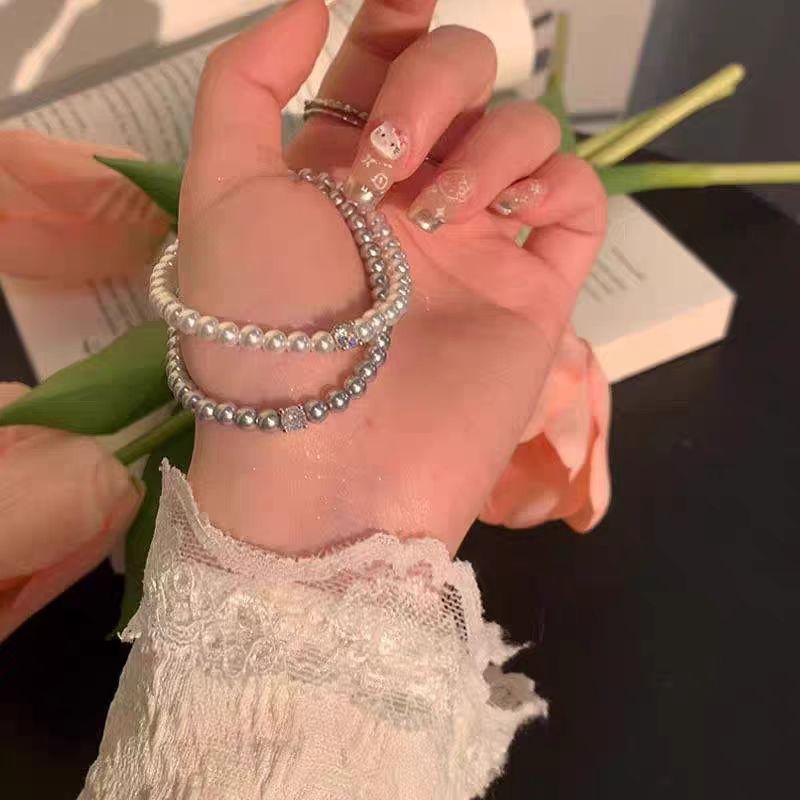 Shijia pärla zirkon elastiskt armband dam högklassig känsla enkelt sockerbitarmband temperament lätt lyx och elegant