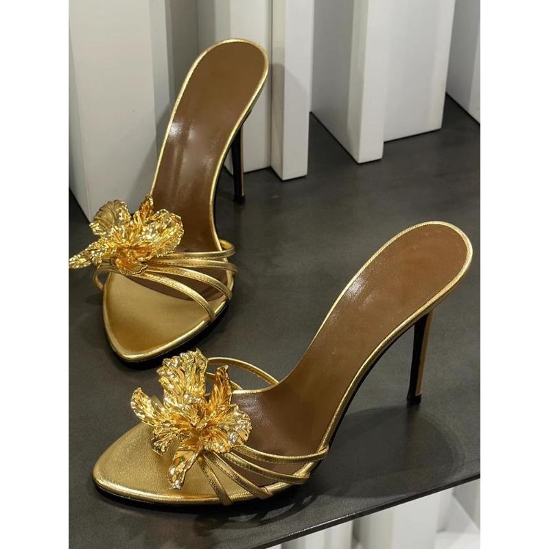 Fashion Summer Sexy Women's Sandals Slippers Summer Metal Flowers Beautiful Fashion Sandals Women's Stiletto High Heels Black Sandals