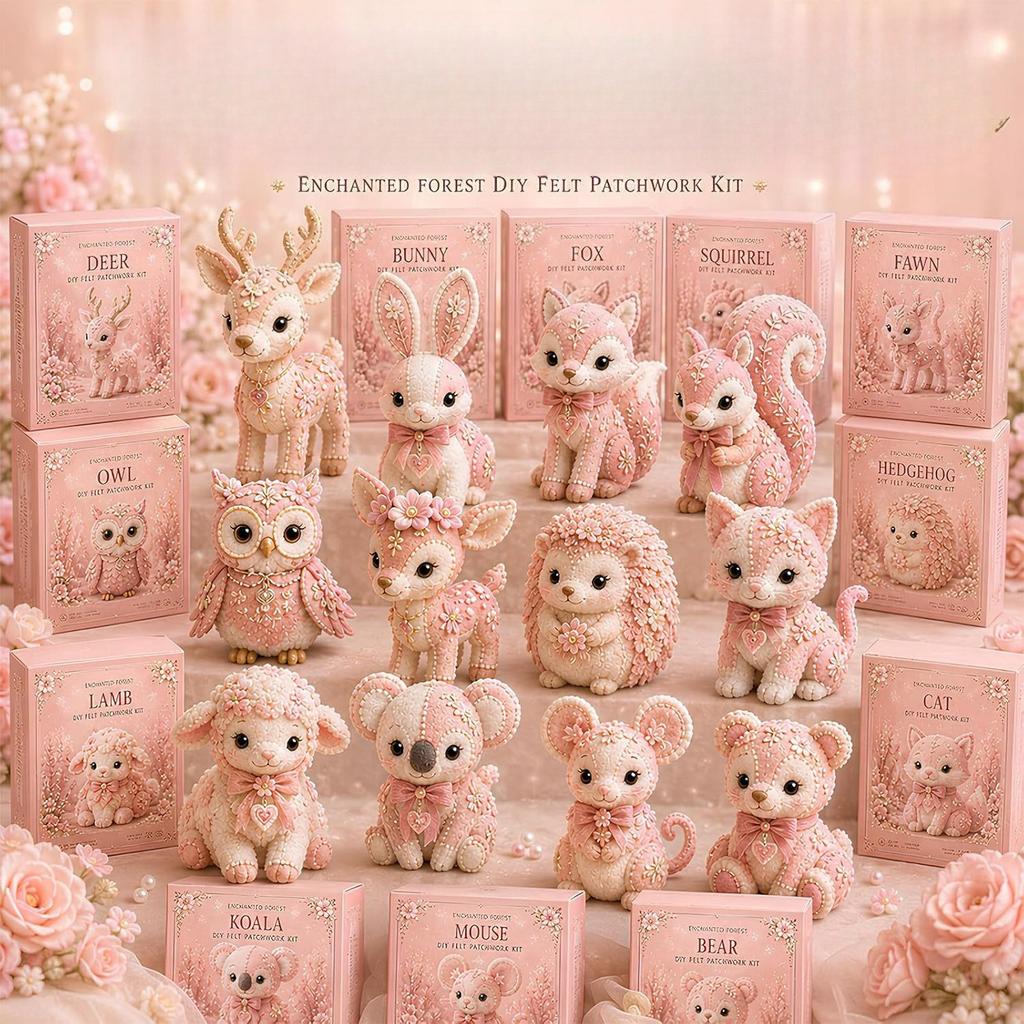 Pink Forest Friends DIY Patchwork Collection, All-Inclusive Sewing Kit to Make Cute Woodland Animals, Household Hobby Decor Gift
