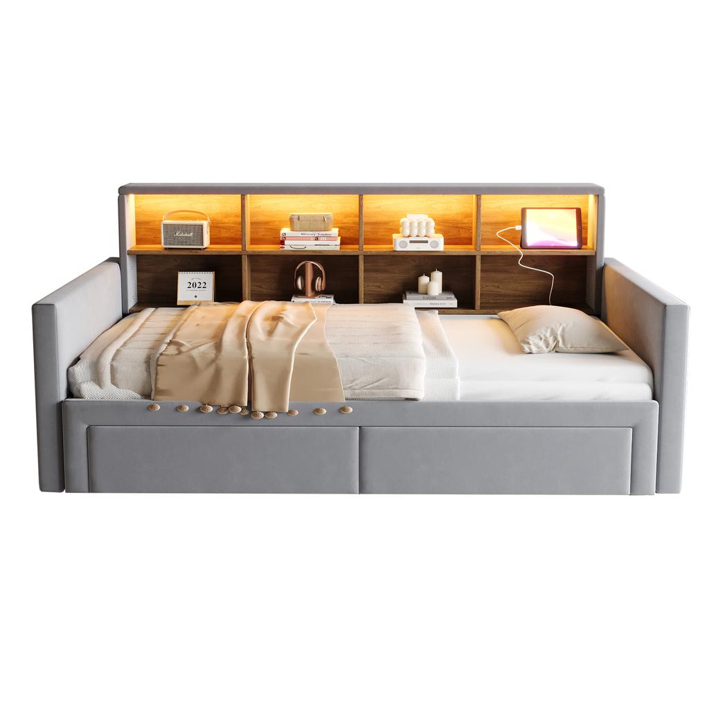 Pull-Out Upholstered Sofa Bed 90/180 X 190 Cm, Headboard with Storage, LED Strip, Charging Sockets, Two Drawers, Slatted Frame, Velvet Dark Grey