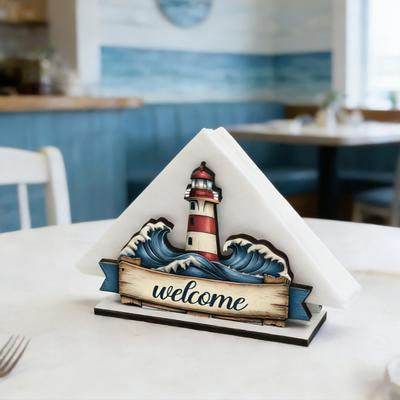 Ocean Themed Wooden Napkin Holder for Table, Summer Coastal Napkin Dispenser, Rustic Tissue Holder for Kitchen, Dining Room