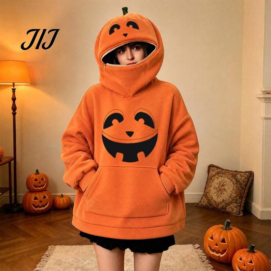 Cosplay Hooded Shirt Women Oversized Halloween Pumpkin Hoodie, Fall Long Sleeve Hoodie Sweatshirt with Pocket, Jack-O-Lantern Holiday Costume Pullover