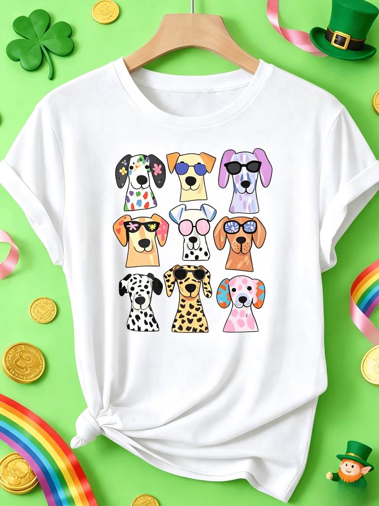 Unisex Cartoon Dogs Glasses T-Shirt 180g Crew Neck Short Sleeve, Colorful Playful Digital Art, Sum