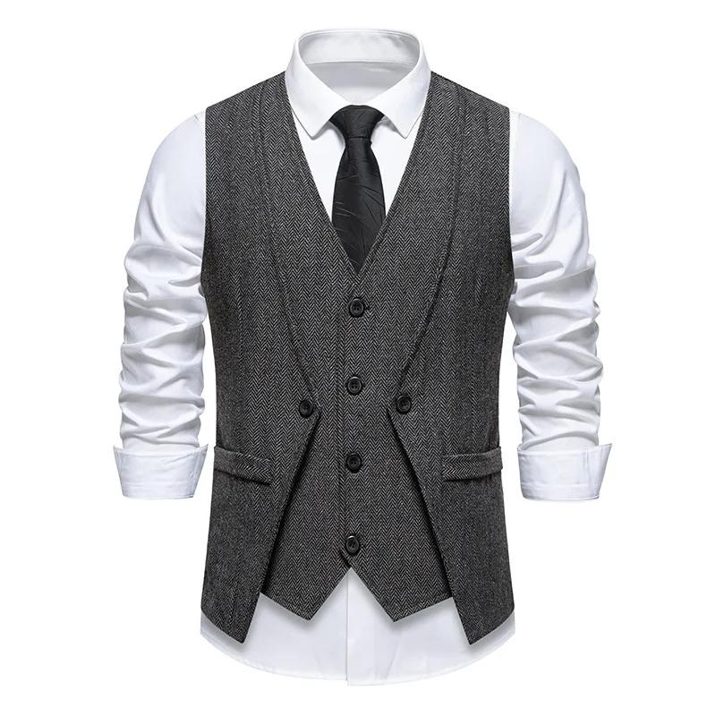 England Style Men's Suit Vests Fake Two Pieces Business Casual Waistcoats Vintage Mens Formal Dress Vest