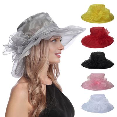 Women Sun Hat Organza Bowknot Decor Wide Brim UV Protection Hat Lightweight Breathable