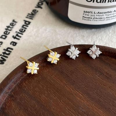 18K Gold-Plated S925 Sterling Silver Stud Earrings - Rhombus, Cross, Floral Design for Women, Niche Style