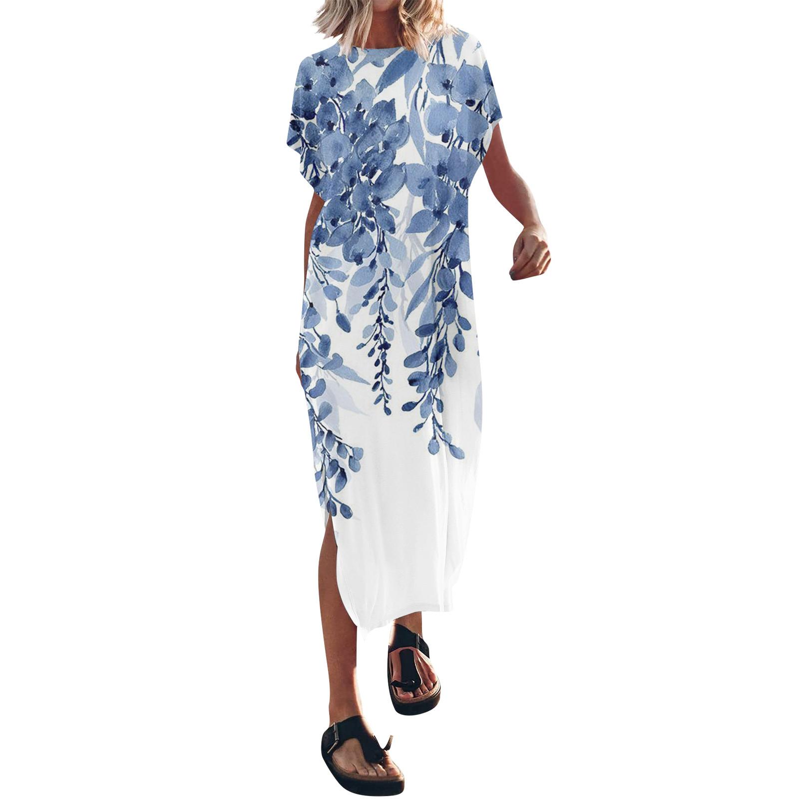 

Женское летнее повседневное модное платье с коротким рукавом и круглым вырезом с разрезом и цветочным принтом XL синий