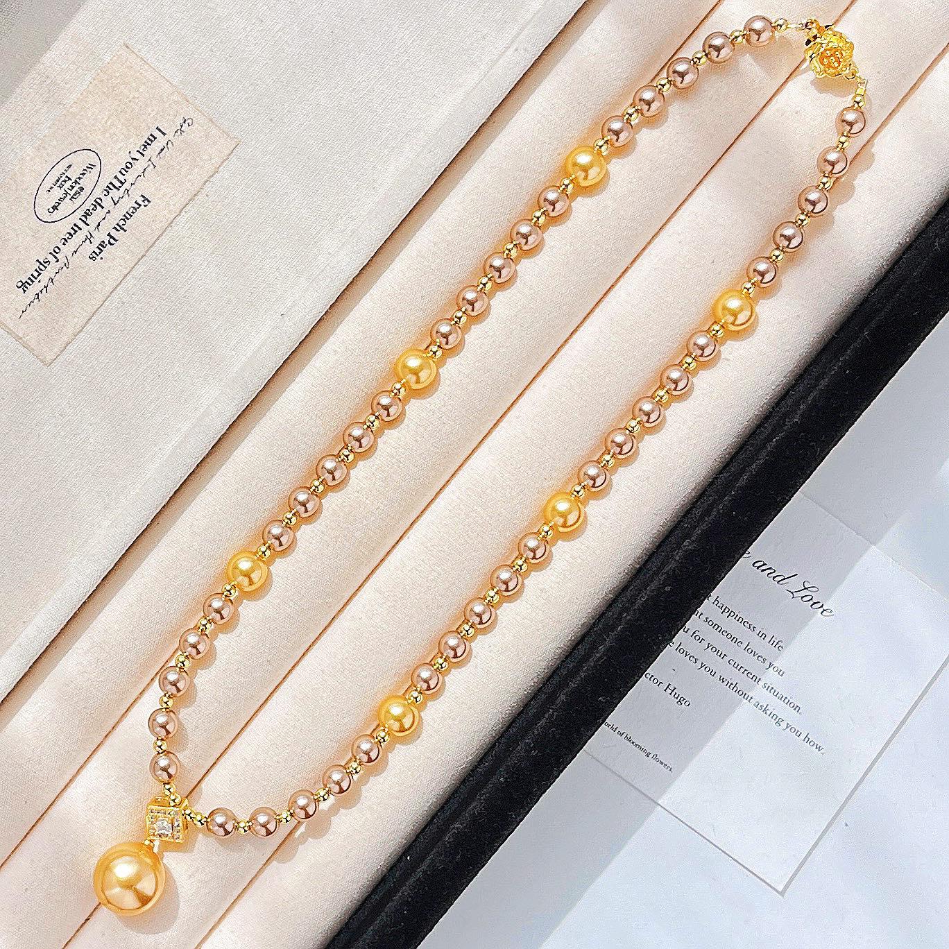 High Quality Mocha Brown Shijia Pearl Maillard Wind Necklace Collarbone Chain Neck Chain Pendant Sweater Chain