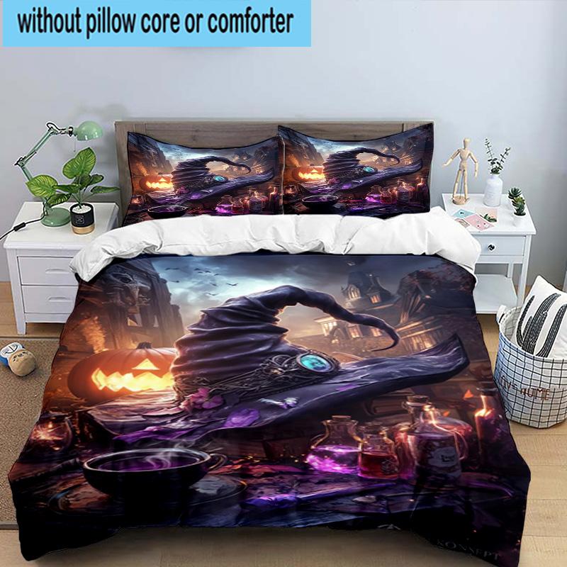 Witch's Hat And Crescent Moon 3pcs Bedding,Including 1pc Duvet Cover And 2pcs Pillowcases Perfect for Christmas,Ideal for Bedroom, Dormitory