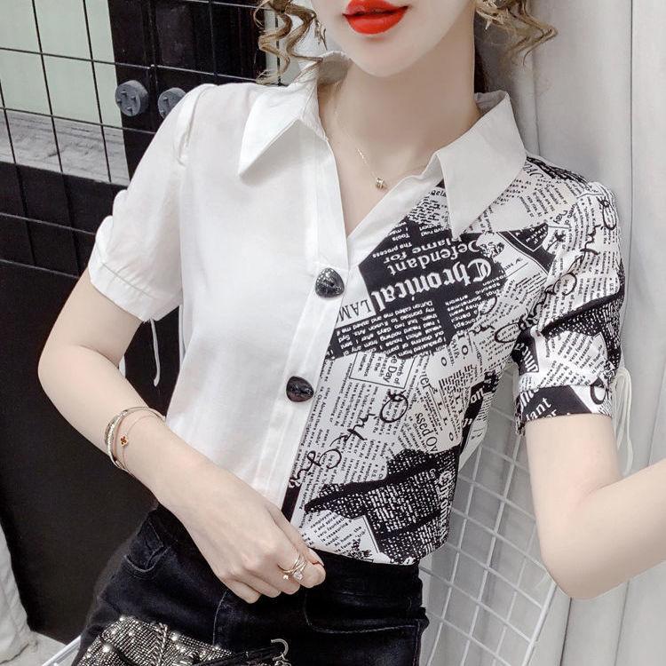 Koszula szyfonowa w kontrastowych kolorach damska letnia z krótkim rękawem asymetryczny design zmysł wyszczuplający temperament styl zachodni top fala