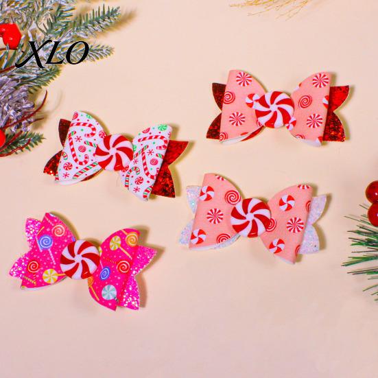 Christmas Theme Hair Ornaments Candies Bow Clip for Women Girls, Sweet Glitter Hairpins, Artificial Leather Style Clips Parties Clip, Cute Pink