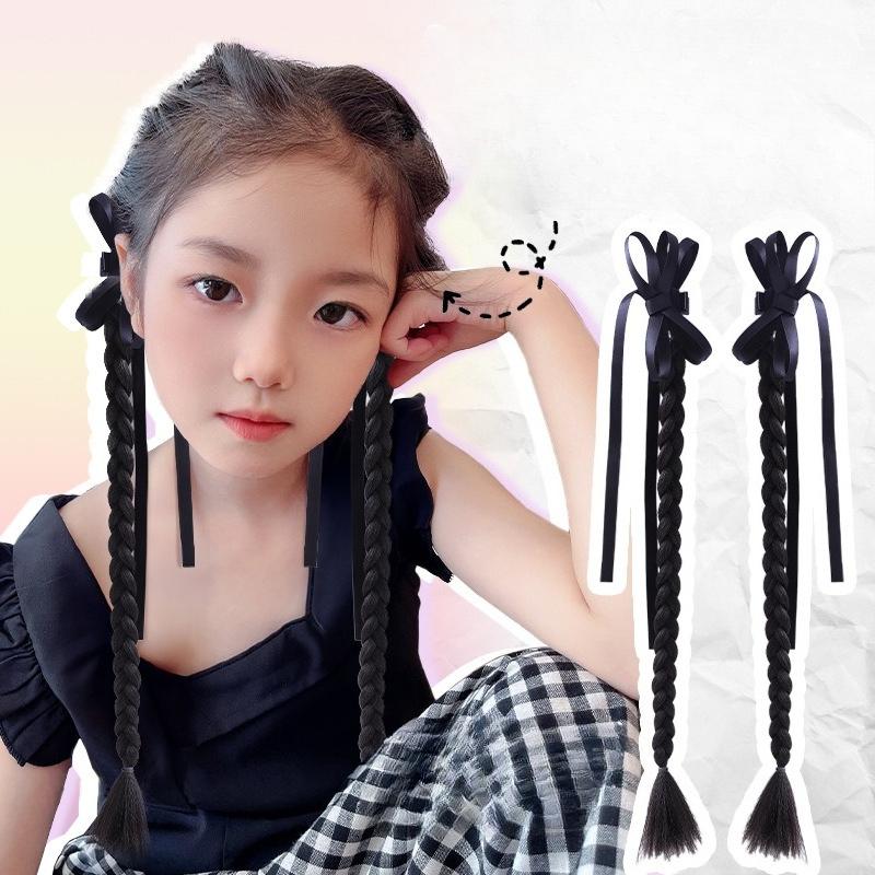 2 Pcs Korean Style Hair Ties for Kids Girls Ponytails Wig Braids with Edgy Bows Children Twist Braids Elastic Hair Accessories