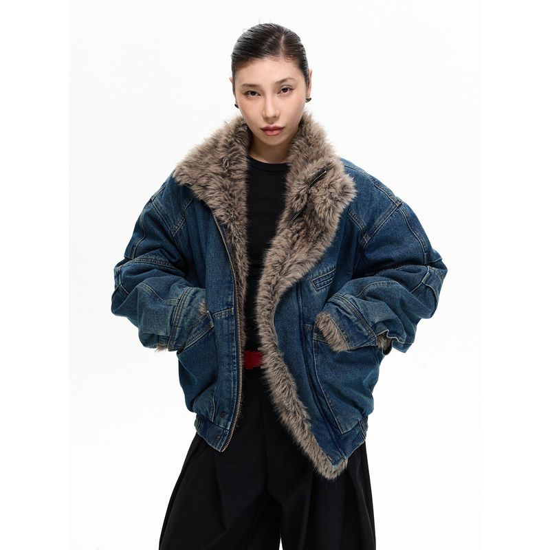 Kisko Winter American-Style Deconstructed Denim Jacket Cotton Coat Unisex Trendy Brand Warm Oversized Stand Collar Jacket