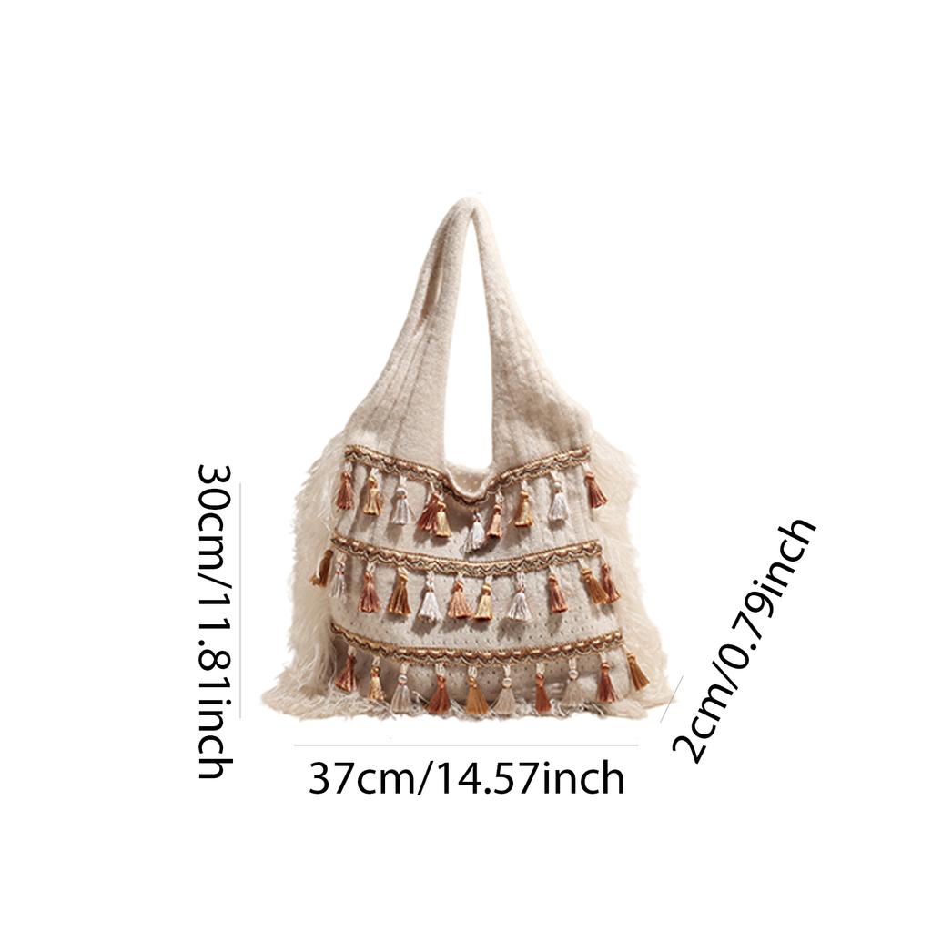 Knit Tassels Hobo Bags Bohemian Underarm Bag Ethnic Style Tote Bags for Women Work Shopping Travel Daily