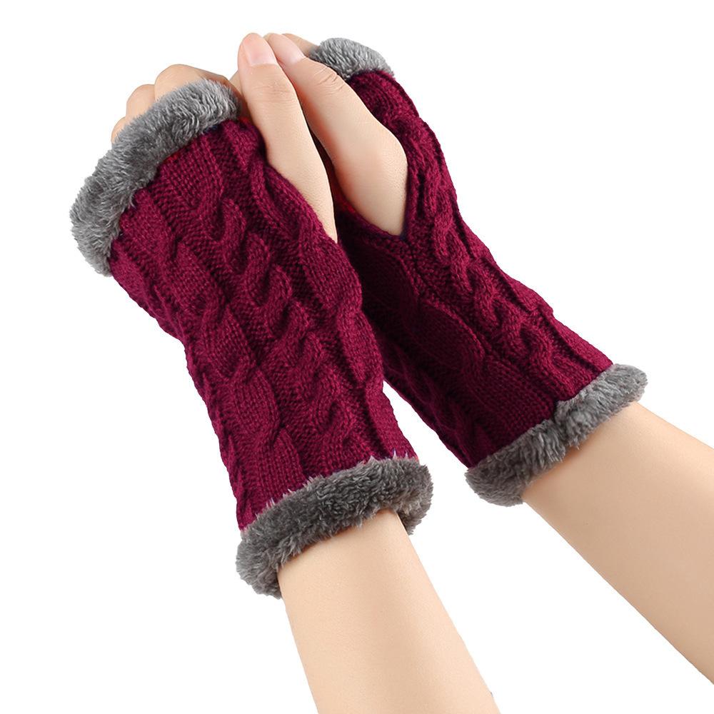 Solid Color Knitting Fingerless Plush Gloves Arm Warmers Thicked Gloves Autumn Winter Mittens For Adult