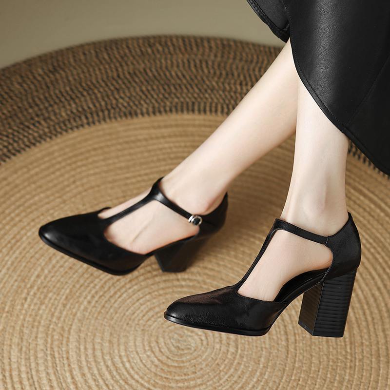 Krazing Pot Sheepskin Suede Round Toe Size 41 Thick High Heels Buckle Office Lady Gladiator Autumn Pumps