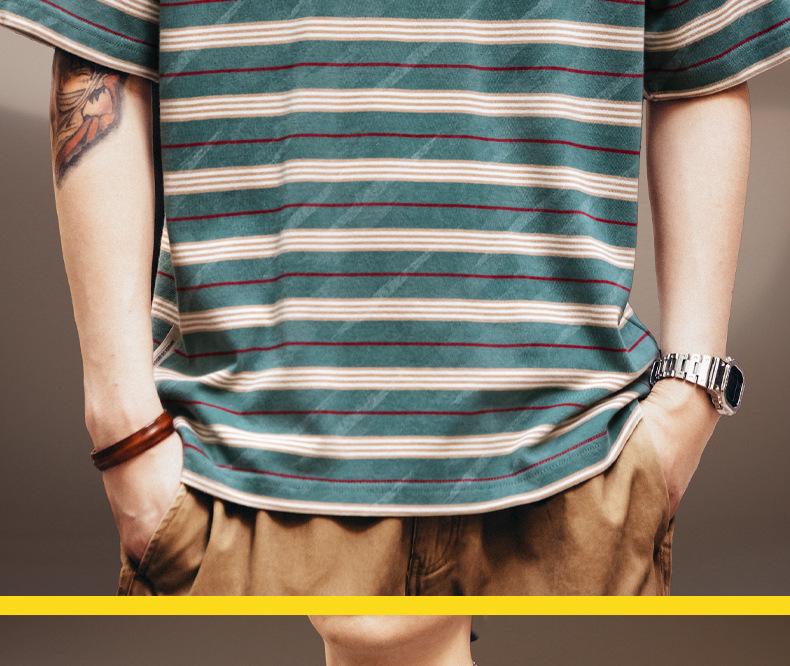 Herren Plus Size Farbblock Gestreiftes Kurzarm-T-Shirt - 260g Schwergewicht, Sommerlich Lässig Trendiges Halbarm-Tee