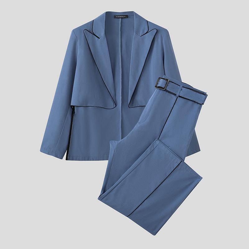 

INCERUN Костюмы из двух предметов для мужчин Блейзер с нерегулярным кроем и длинными рукавами Комплекты длинных прямых брюк S синий