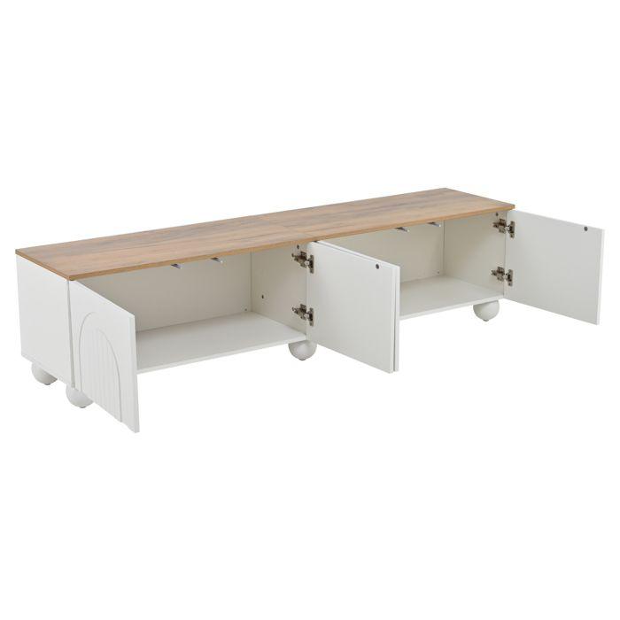 Meuble TV 180 X 40 X 45 Cm - 4 Portes - 6 Pieds Métal - MDF - Blanc + Naturel