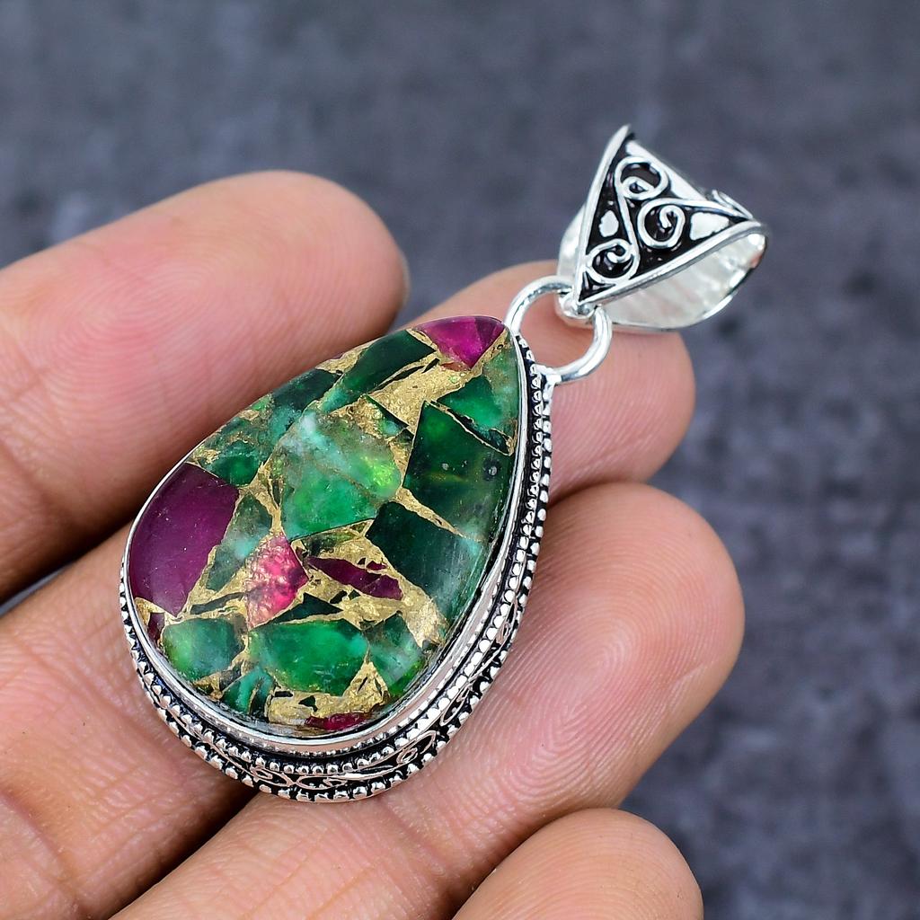 Natural Copper Ruby Zosite 925 Sterling Silver Jewelry Pendant 1.97" ET-4789