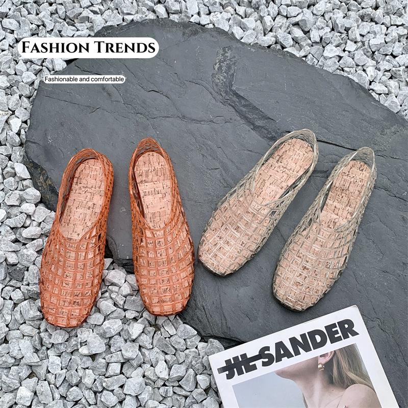 2025 Women's Mesh Slip-On Jelly Sandals: Crystal, Hollow Out, Flat Bottom, Comfortable, Casual Korean Style.