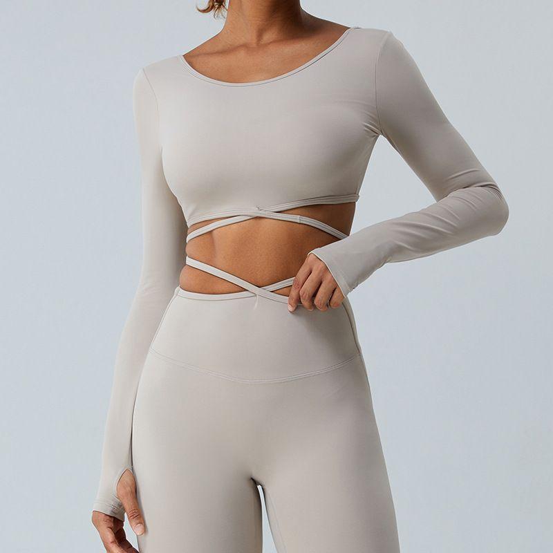 

Cross Long Sleeves Women s Lace-up Belly Contracting Bare Back Yoga Clothes