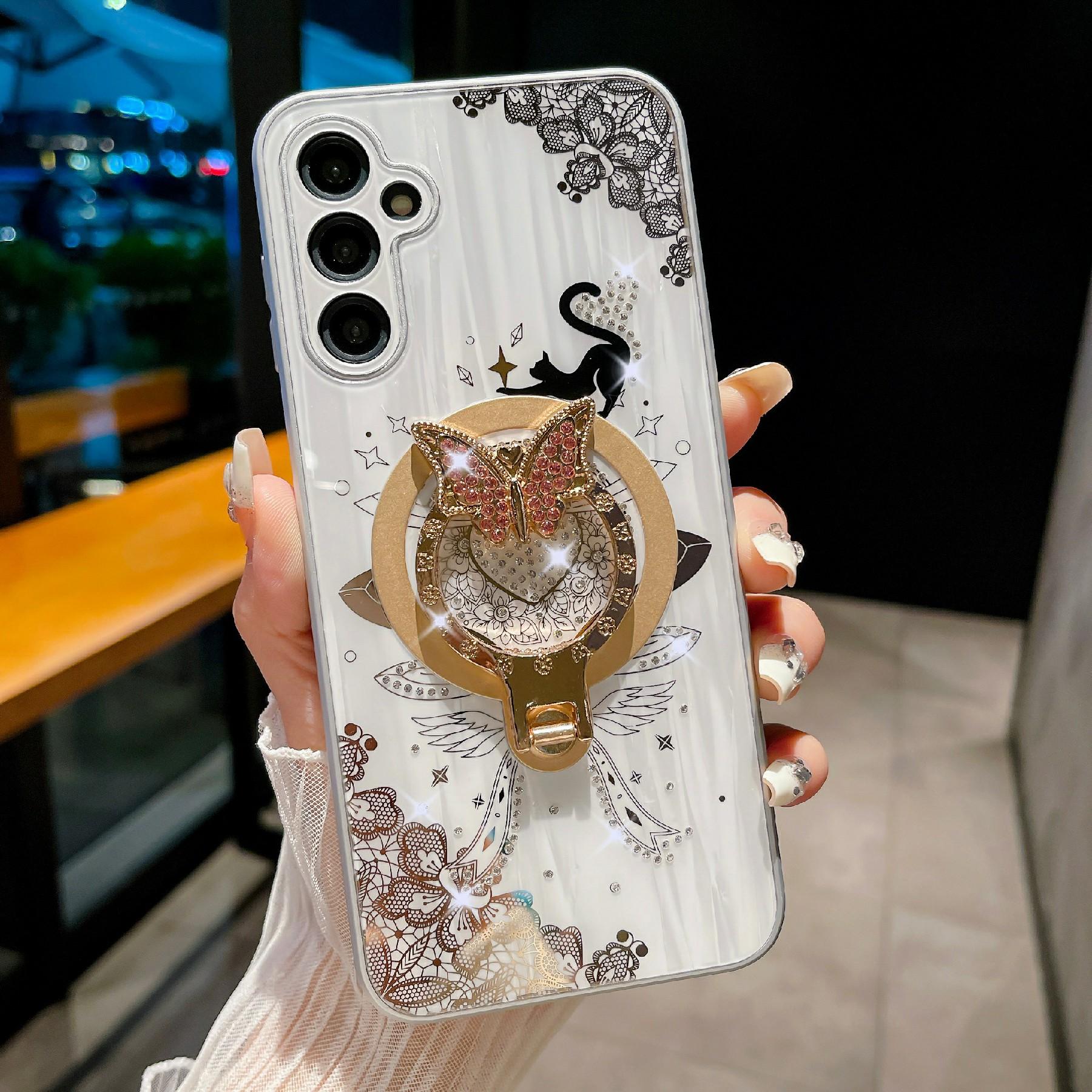 

Для Samsung Galaxy S25+ Магнитный чехол Декор стразами Подставка Рисунок кошки ТПУ+ПК Чехол для телефона White