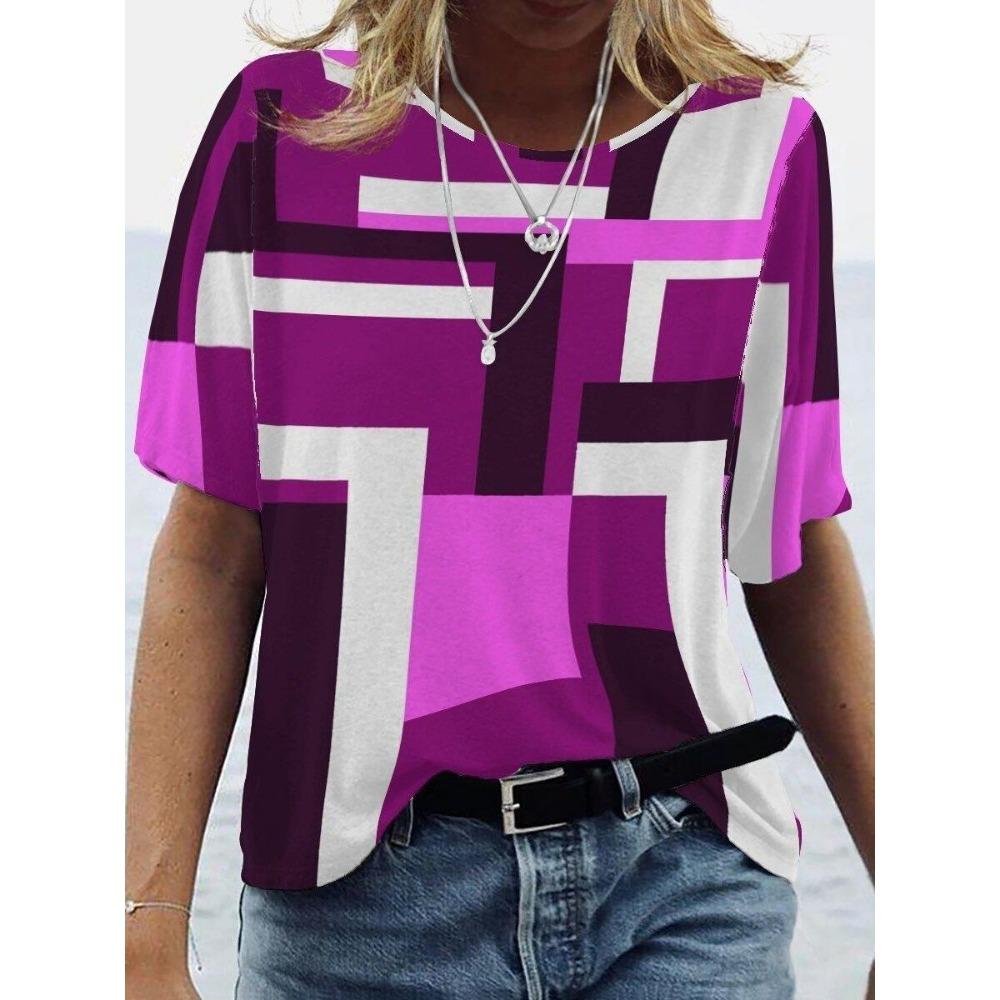 3D Printed Pattern T-shirt, Summer and Spring Short Sleeved Round Neck Casual Top, Women's Clothing