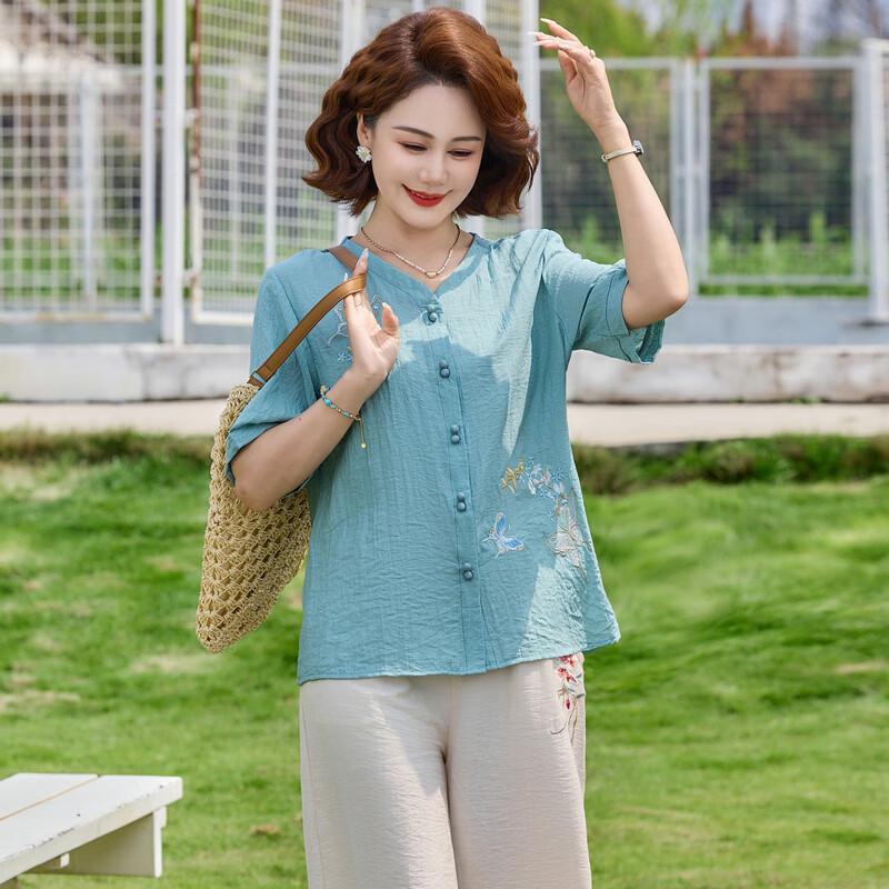 Middle-Aged Women's New Chinese Style Short Sleeve Two-Piece Set