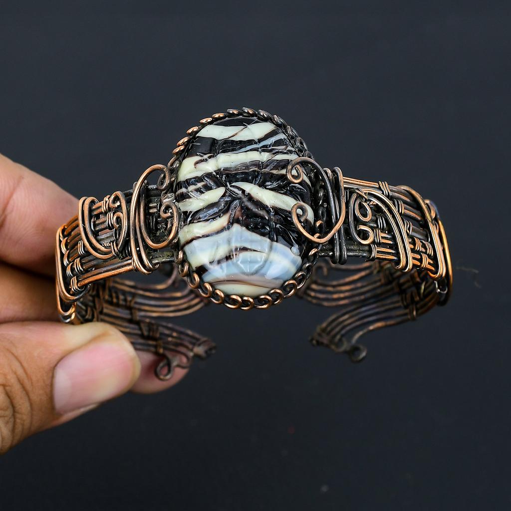 Carved Sulemani Agate Handmade Copper Wire Wrap Bangle Adjustable s9r27