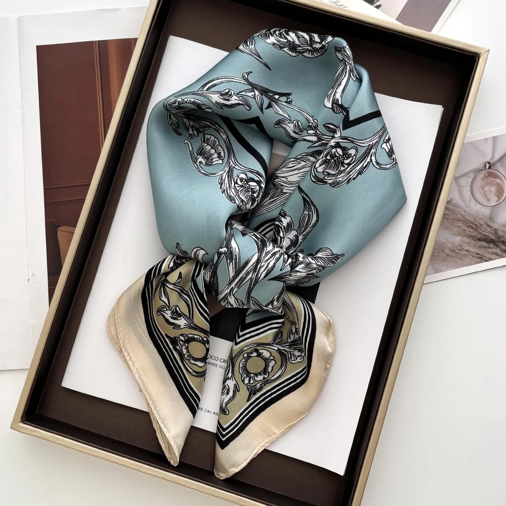 Luxury Satin Scarfs Square Scarf Korean Fashion Kerchief Rose Print Scarves Bandanna Wraps Scarf Decoration Shawl 70*70Cm