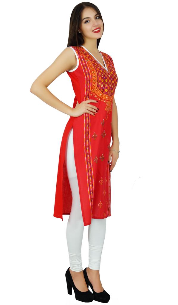 Bimba Womens Sleeveless Straight Cotton Kurta Printed Kurti Indian Summer
