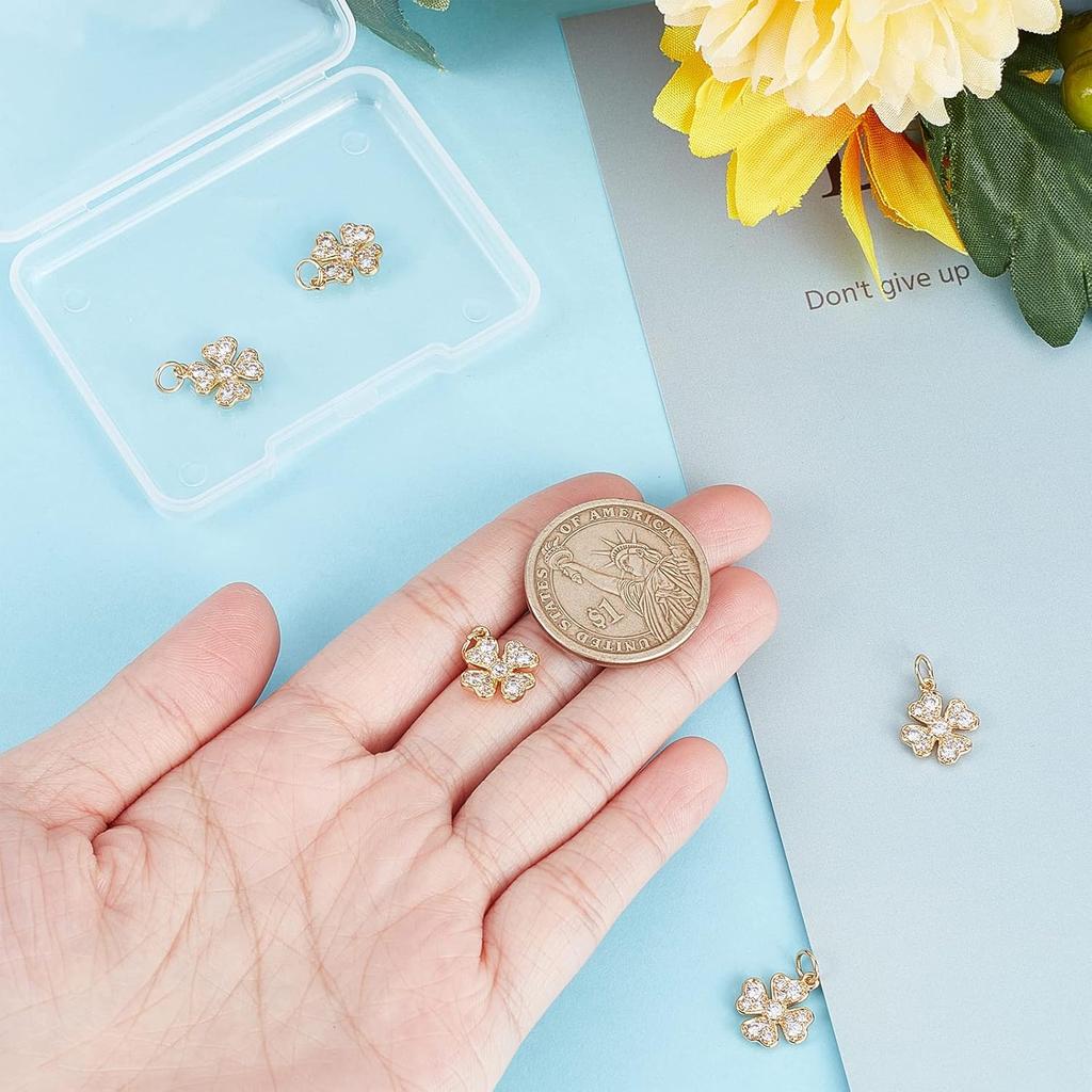 Beebeecraft 6Pcs/Box Four Leaf Clover Charms 18K Gold Plated Brass Good Luck Pendant Cubic Zirconia St. Patrick's Day Shamrock Charm for Jewelry