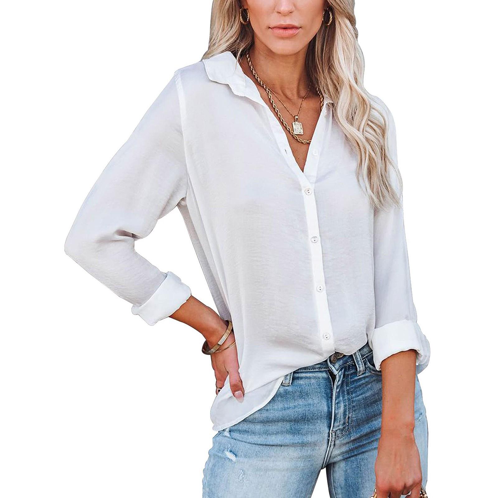 

Women s Fashion Casual Buckle Long Sleeve Sleeve Slit Shirt Tops Solid Color XXXL білий