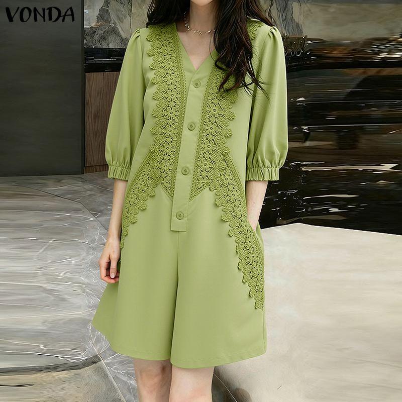 VONDA Summer Women Casual V Collar Half Sleeve Lace Crochet Patchwork Jumpsuits