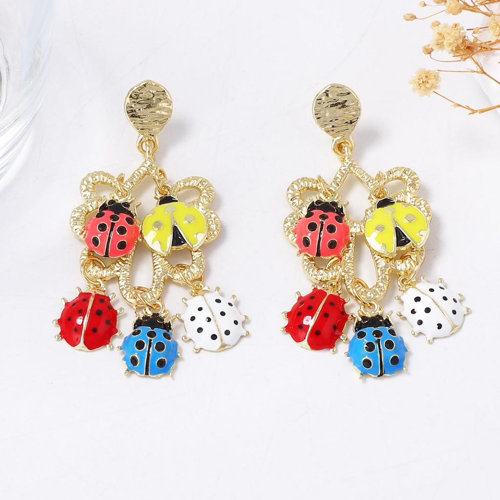 Personality Trend Creative Design Sense Alloy Dripping Multi-ladybug Fringed Pendant Earrings Versatile Casual Women