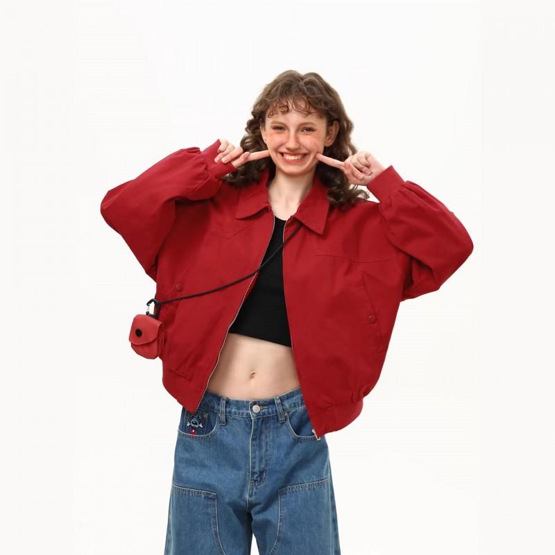Unisex Red Harrington Jacket Streetwear Cleanfit Short Coat Casual Lightweight Outerwear
